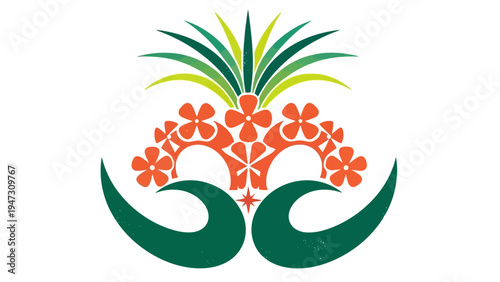 Quadro em tela Vibrant Tropical Floral Emblem with Pineapple and Green Waves