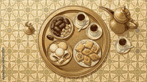 Elegant eid al fitr celebration with traditional sweets coffee and intricate patterns on a gold tray from above