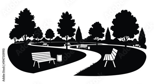 A scenic park landscape with winding paths benches and trees rendered as a striking black silhouette high quality professional detailed modern