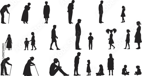 Black silhouettes of people of different ages including children, adults, and seniors in various standing and sitting poses on white