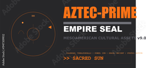 Modern Aztec inspired graphic design featuring ancient Mesoamerican sun calendar symbol.