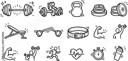 Hand drawn fitness gym icons set with barbell dumbbell kettlebell weight plates bench lifting belt muscle arm runner stopwatch and shaker workout equipment isolated on transparent background
