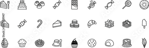 Outline dessert and sweets icons set with cake cupcake donut chocolate candy lollipop croissant cookie macaron waffle pastry and bakery treats line illustration collection on transparent background