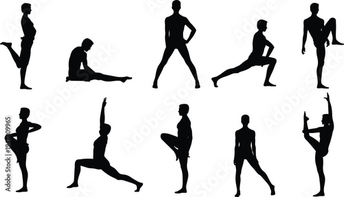 Black silhouettes of people performing various stretching exercises, yoga poses, and athletic warm-up routines isolated on a clean white background.