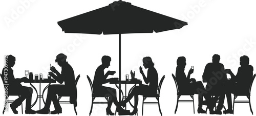 Black silhouettes of people sitting at outdoor cafe tables under umbrellas eating and drinking isolated on white background for lifestyle. (21 words)