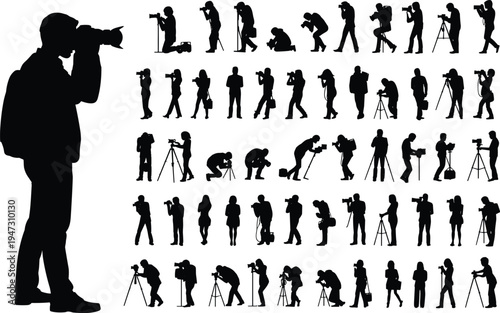 Black silhouettes of professional photographers and videographers using cameras, tripods, and lenses isolated on a white background for creativ