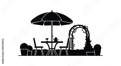 A black silhouette depicts a charming outdoor dining setup with an umbrella table and chairs silhouette high quality professional detailed modern