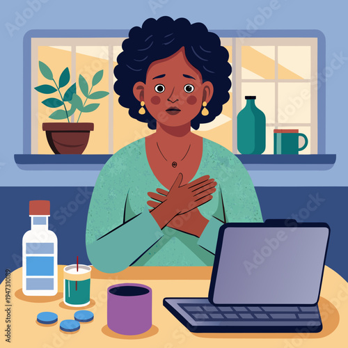 Woman experiencing stress or anxiety while working on laptop at home