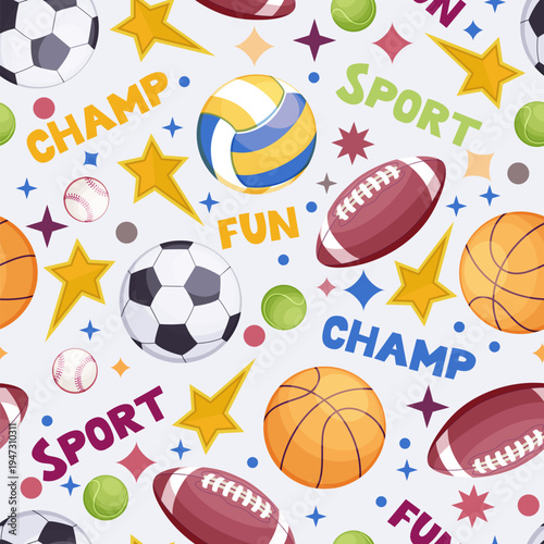Vector seamless pattern with words sport, fun, champ and sports balls. Design for wallpapers, textiles, kids print