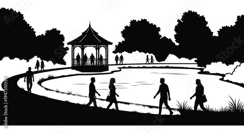 A black and white park scene depicts people walking and gathering near a gazebo rendered as a striking silhouette high quality