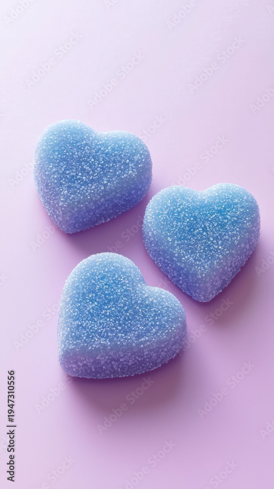 Fototapeta premium Three heart-shaped blue gummy candies sprinkled with sugar crystals are arranged on a soft pink surface, creating a sweet and delicate visual treat for all.