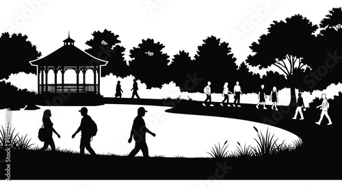 A black and white park scene depicts people walking near a gazebo and pond in stark silhouette high quality professional detailed