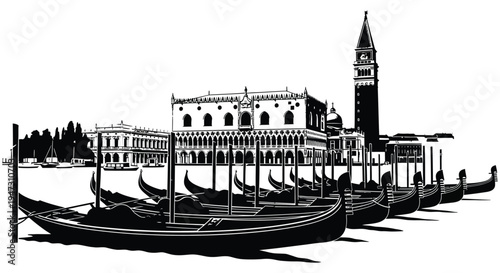 A striking black and white depiction of venetian gondolas and st mark s square in italy silhouette high quality professional detailed modern elegant stylish