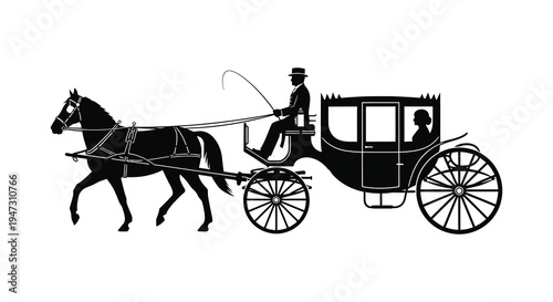 A classic black silhouette of a horse drawn carriage with a driver and passenger evoking a vintage aesthetic silhouette high quality professional