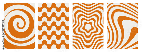 Retro groovy swirl wave patterns set. Abstract caramel cream wavy backgrounds collection. Funky spiral liquid texture vector