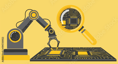 Robotic arm assembling a microchip on a circuit board, magnified by a magnifying glass, representing technology and innovation.
