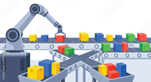 Robotic arm on an assembly line sorting and moving colorful blocks, representing automation and manufacturing processes.