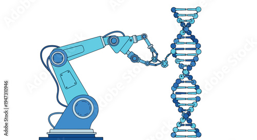 Robotic arm assembling a DNA double helix, representing biotechnology, genetic engineering, and scientific innovation