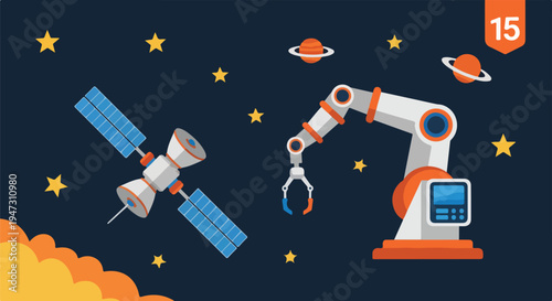 Robotic arm and satellite in outer space with stars and planets, technology concept illustration