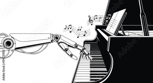 Advanced robotic hand playing classical music on a grand piano, showcasing AI's role in artistic creation and technological innovation, vector illustration.