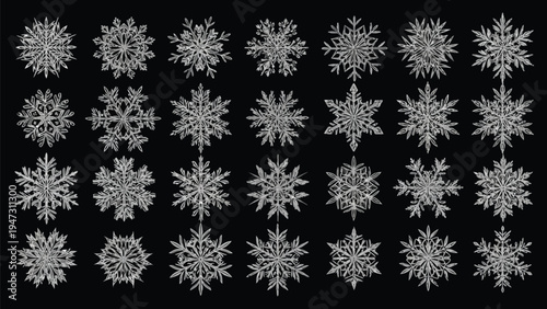 Intricate geometric snowflake patterns displayed in a symmetrical grid layout Vector