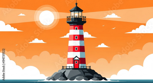 A colorful vector illustration of a lighthouse on a rocky outcrop