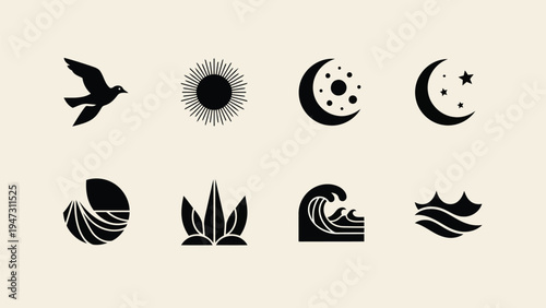 A collection of minimalist icons depicting celestial and weather phenomena Vector