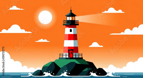 A vibrant vector illustration of a lighthouse on a rocky island