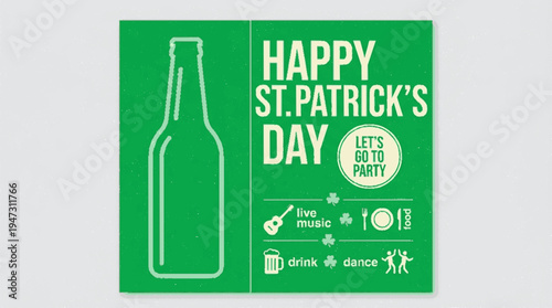 Modern st patrick's day party invitation with green background beer bottle illustration and festive icons