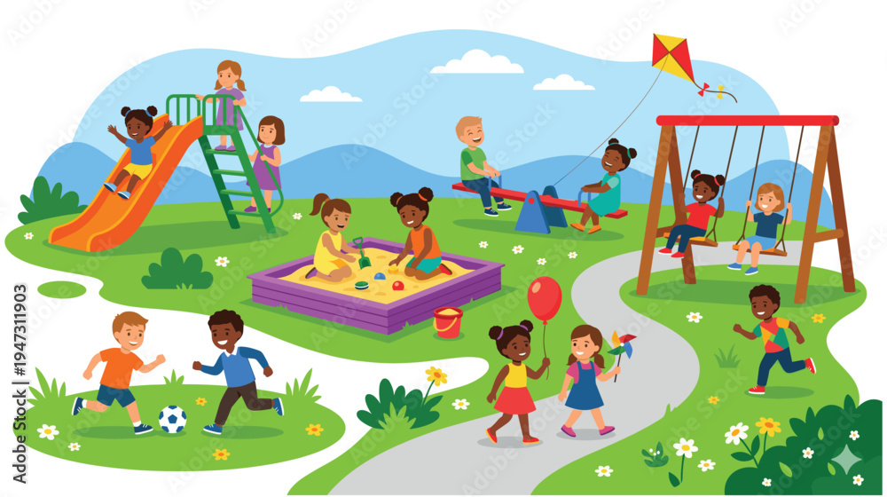 Fototapeta premium Group of children playing on colorful playground in summer city park