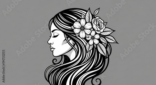 A minimalist vector illustration of a woman with flowers in her hair