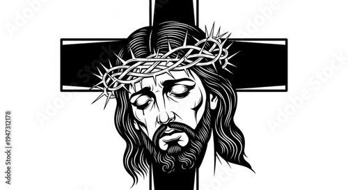 A black and white illustration of Jesus Christ with a crown of thorns on his head in front of a large cross.