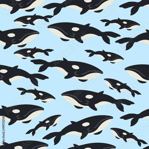 Seamless pattern with killer whales orcas marine animal background