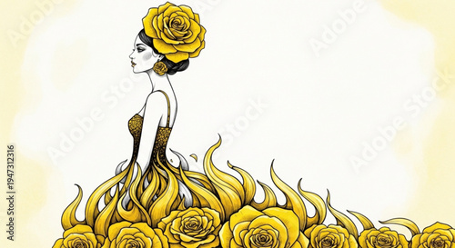 A beautiful woman in a yellow rose dress and floral crown standing in a field of roses