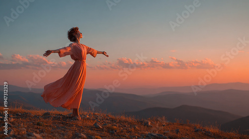 joyful woman in peach dress with arms wide open on hill at sunset capturing happiness triumph inner peace and a blissful moment of freedom in nature
