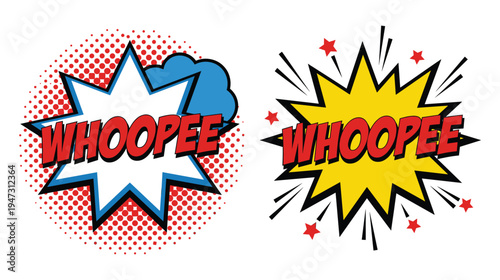 Comic book whoopee sound effect with colorful explosive speech bubble