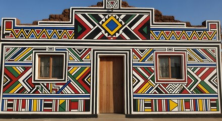 Colorful Traditional Ndebele House Facade with Geometric Patterns.