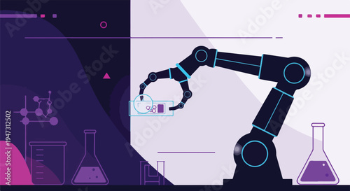 Robotic arm holding an electronic component in a futuristic science laboratory, symbolizing automation, AI, and technological innovation.