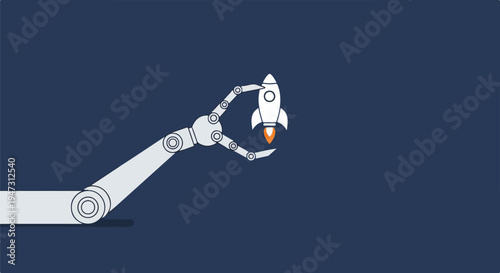 Futuristic robotic arm holding a small rocket ready for launch, illustrating concepts of innovation, startup growth, and technological advancement.