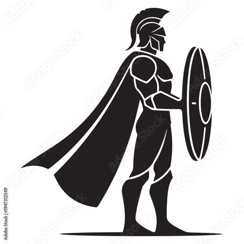 Bold Black Spartan Warrior Silhouette with Shield and Flowing Cape