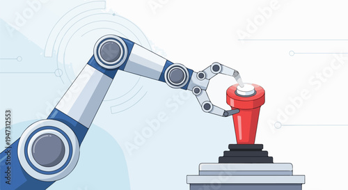 Robotic arm pressing a red button, symbolizing advanced automation, control, and future technology in industrial processes and innovation.