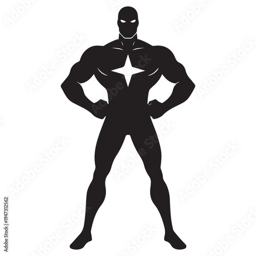 Black Superhero Silhouette with White Star and Masked Eyes Standing Confidently
