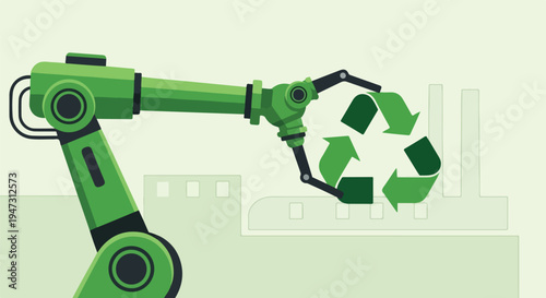 Automated green industrial robot hand actively engaged in holding a recycling logo, symbolizing environmental sustainability and smart factory solutions.