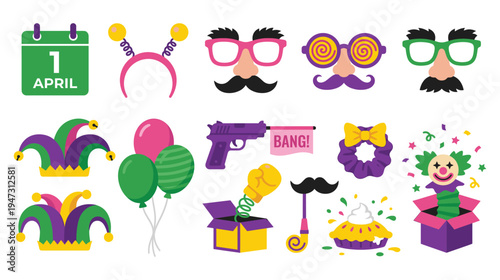 Colorful flat icons for april fools day with pranks and funny props