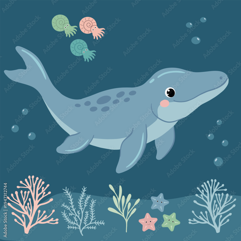 Obraz premium Cute blue mosasaur swimming among corals and ammonites
