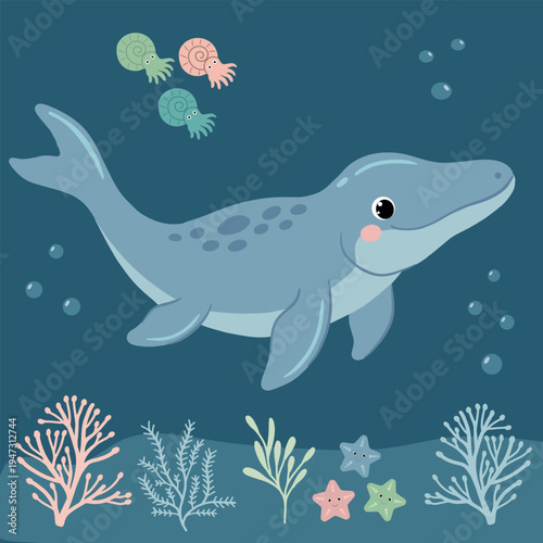 Cute blue mosasaur swimming among corals and ammonites