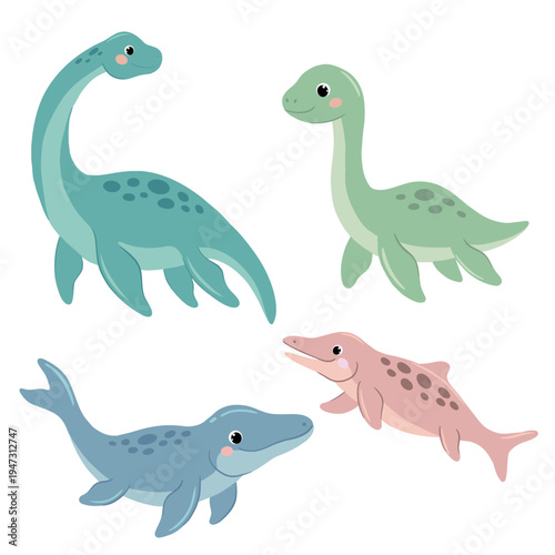 Set of cute marine dinosaurs and prehistoric aquatic animals
