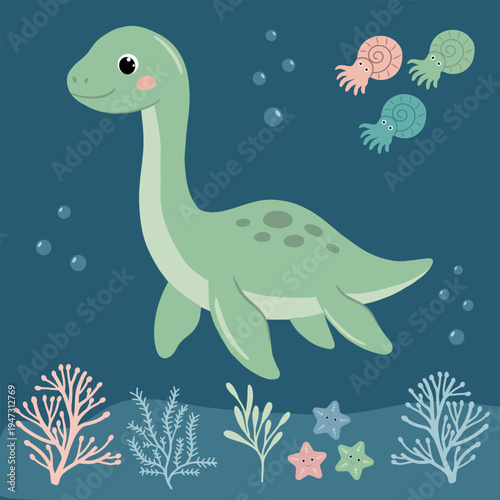 Cute green plesiosaur swimming in the ocean with sea life