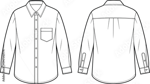 men long sleeve shirt template, button down dress shirt, fashion apparel design, front back view, cad drawing, flat vector illustration