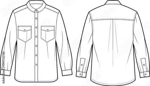 long sleeve utility shirt template, men workwear clothing design, double pocket apparel, front back view, cad drawing, flat vector illustration